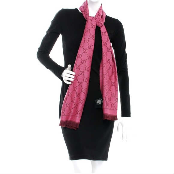 Gucci Wool Monogram Fringe Scarf Magenta Bordeau - Picture 6 of 8